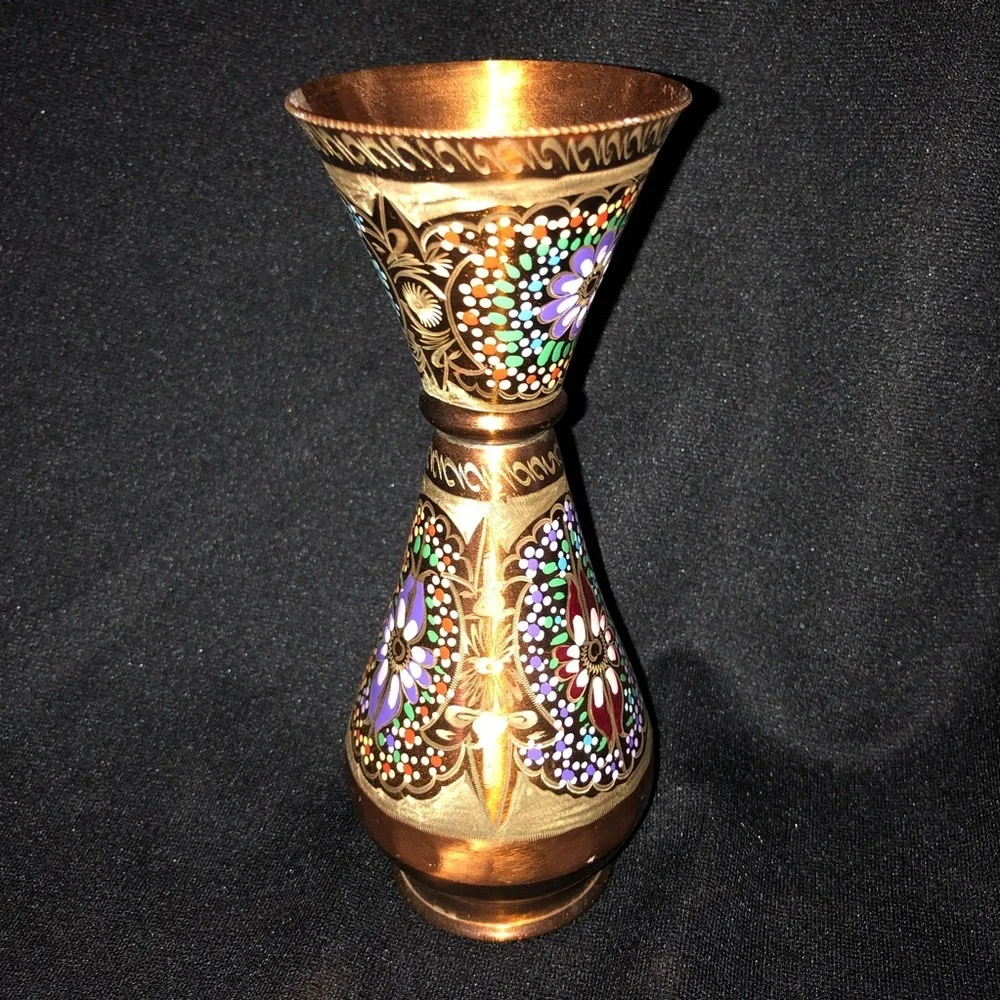 Vintage Hand Painted & Etched Copper Vase with Floral Designs